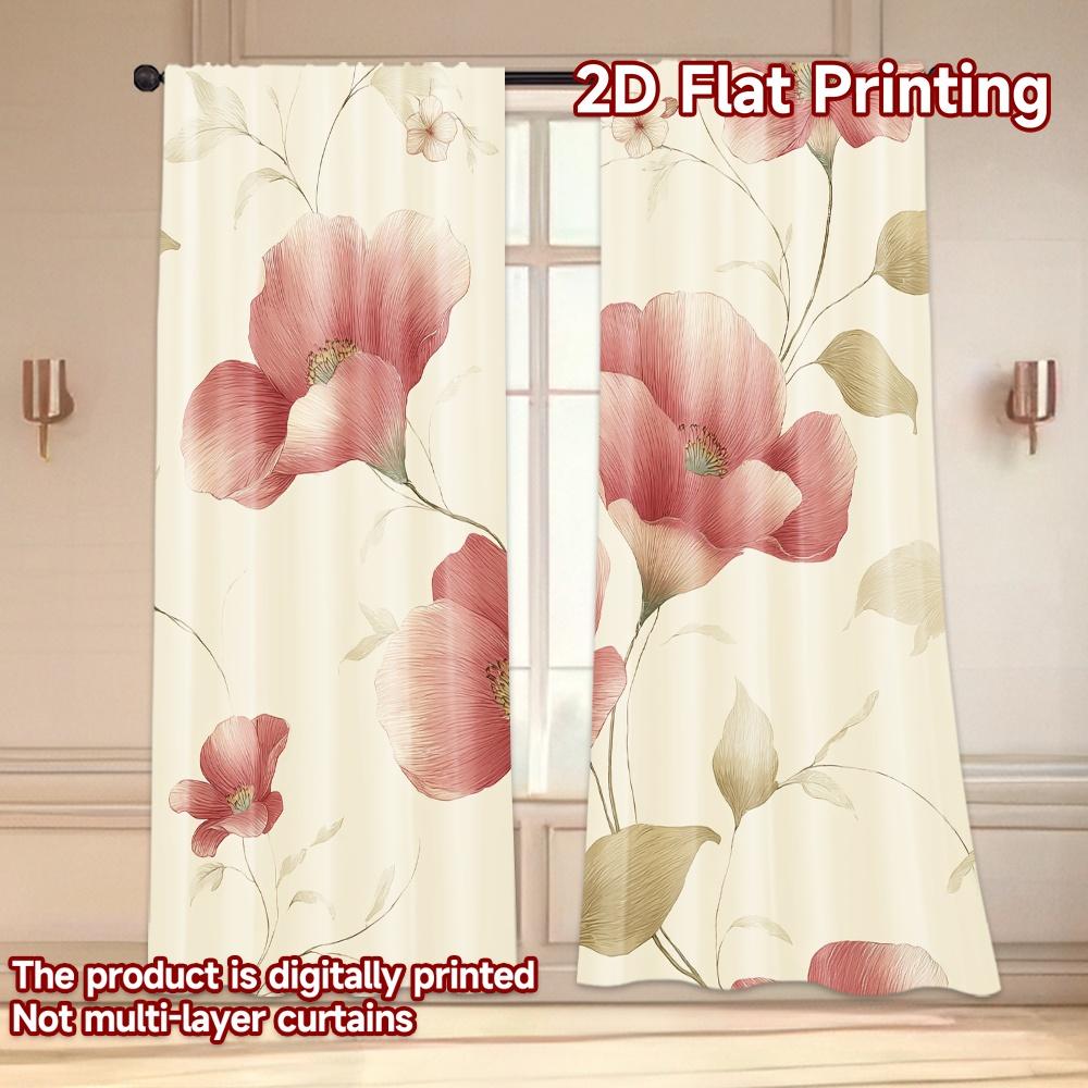 Set Of 2 Minimalist Flat Printing Curtains Without Rod Floral Spring Blossom Design New Year Festival Prints Light Curtain Polyester