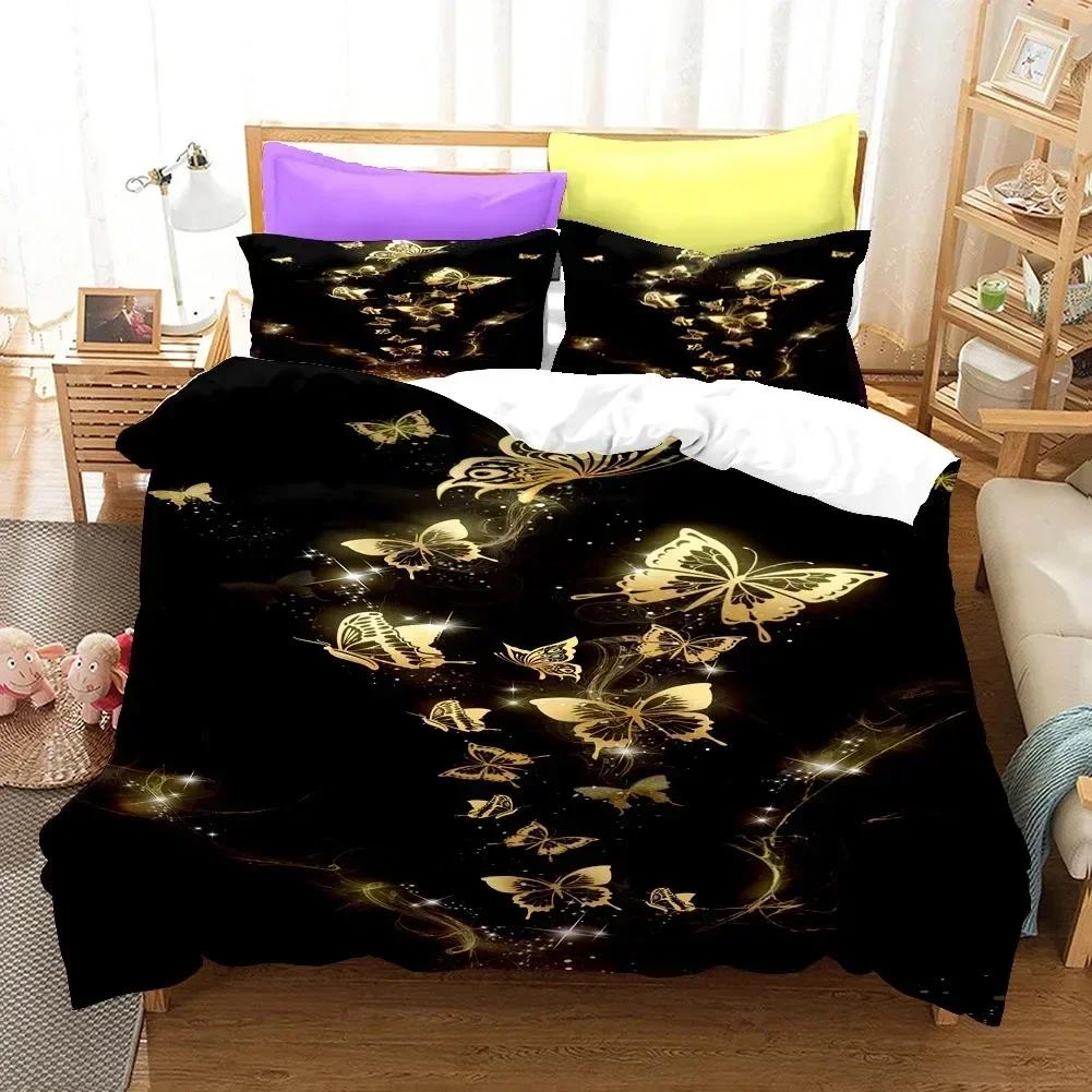 Golden Butterfly Pretty Blue Butterfly Bedding Set Boys Girls Twin Queen Size Duvet Cover Pillowcase Bed Kids Adult