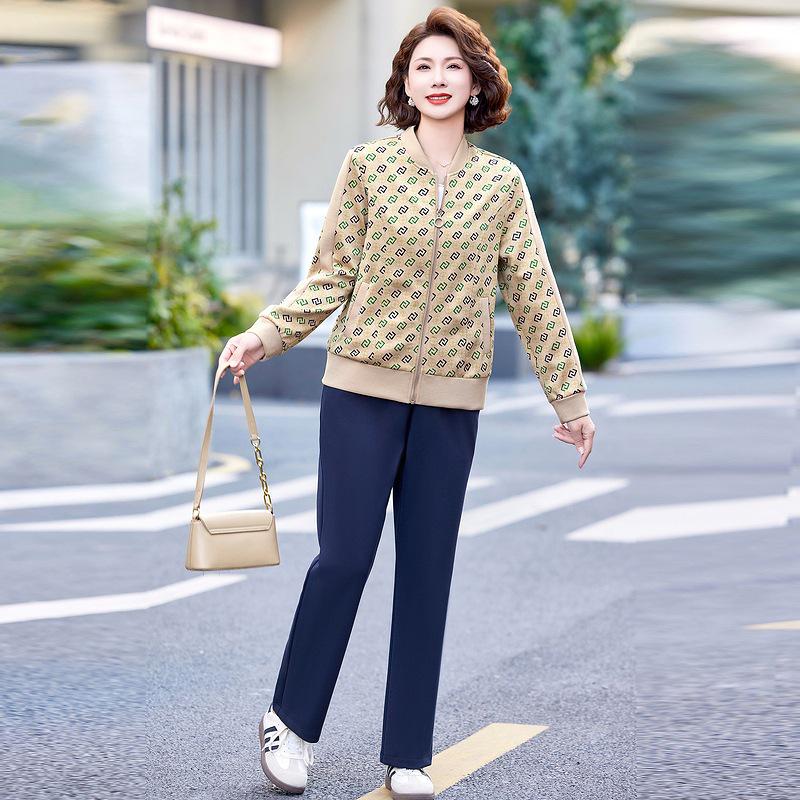 

2025 Autumn Plus Size Casual Two-Piece Set for Middle-Aged and Elderly Women - Long Sleeve Print Fashion Sportswear 3XL (125-145 jin)