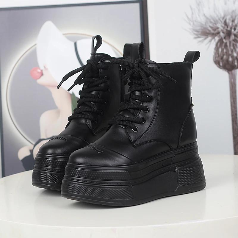 Fashion 12CM Cow Genuine Leather Spring Women Autumn British Motorcycle Fashion Ankle Boots Platform Wedge Flats Slip On Shoes