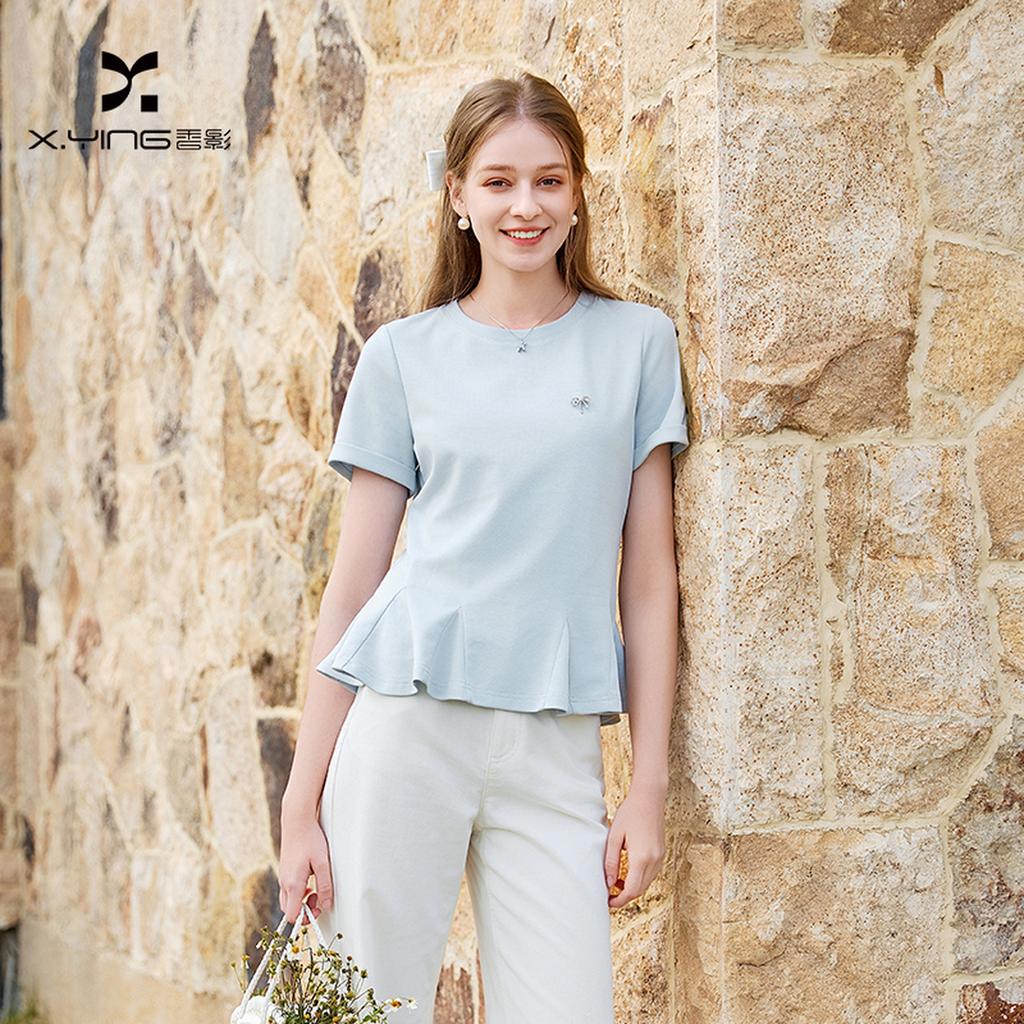 Fragrant Shadow Lotus Leaf Edge Waist T-shirt for Women 2026 Summer New Blue Round Neck Short Sleeve Design Sense Shoulder Top