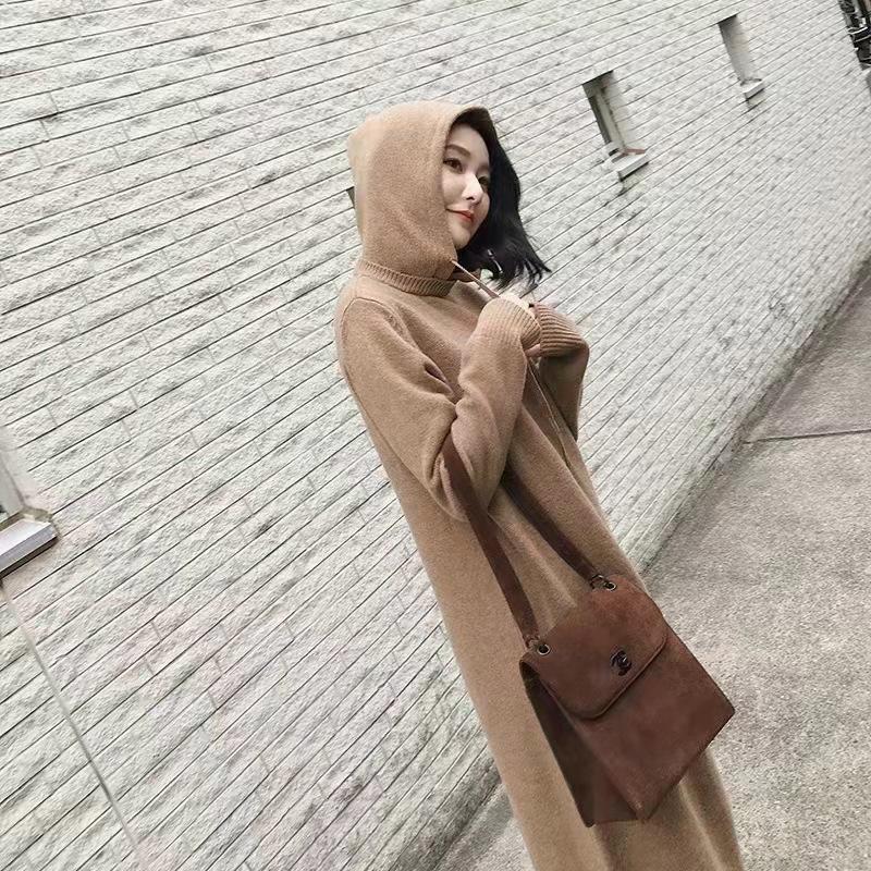 

Autumn and winter new solid color simple knitted dress hooded sweater women s loose sweater long dress tide One Size верблюд