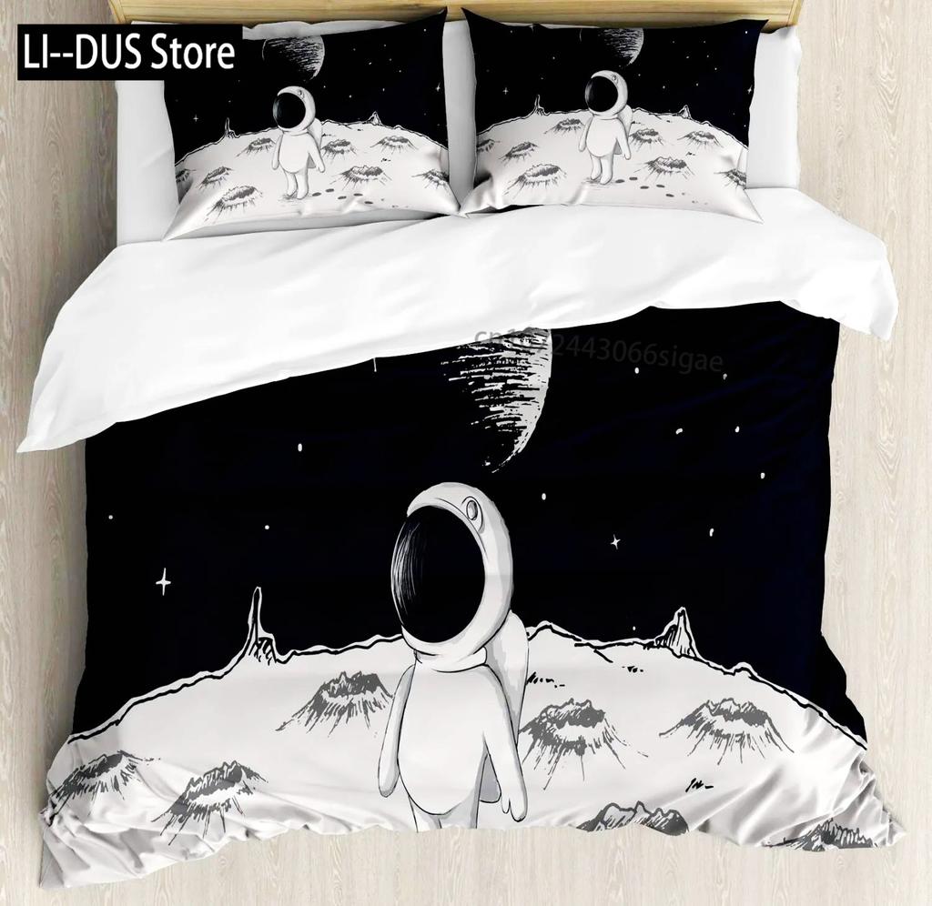Astronaut Duvet Cover Set Cartoon Space Astronaut Decor Bedding Set Soft Breathable Comforter Cover With Pillowcase With Zipper