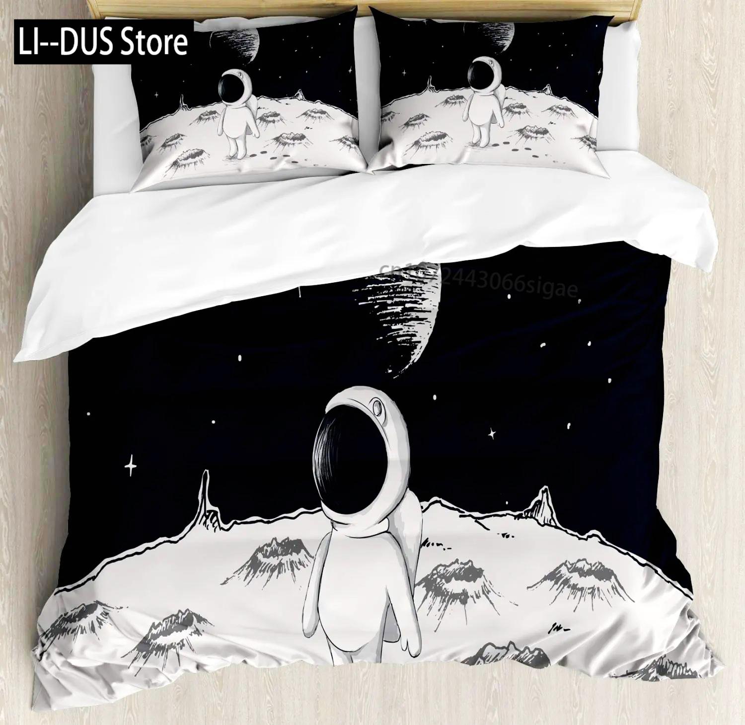 Astronaut Duvet Cover Set Cartoon Space Astronaut Decor Bedding Set Soft Breathable Comforter Cover With Pillowcase With Zipper EU Single(135*200cm)3pcs