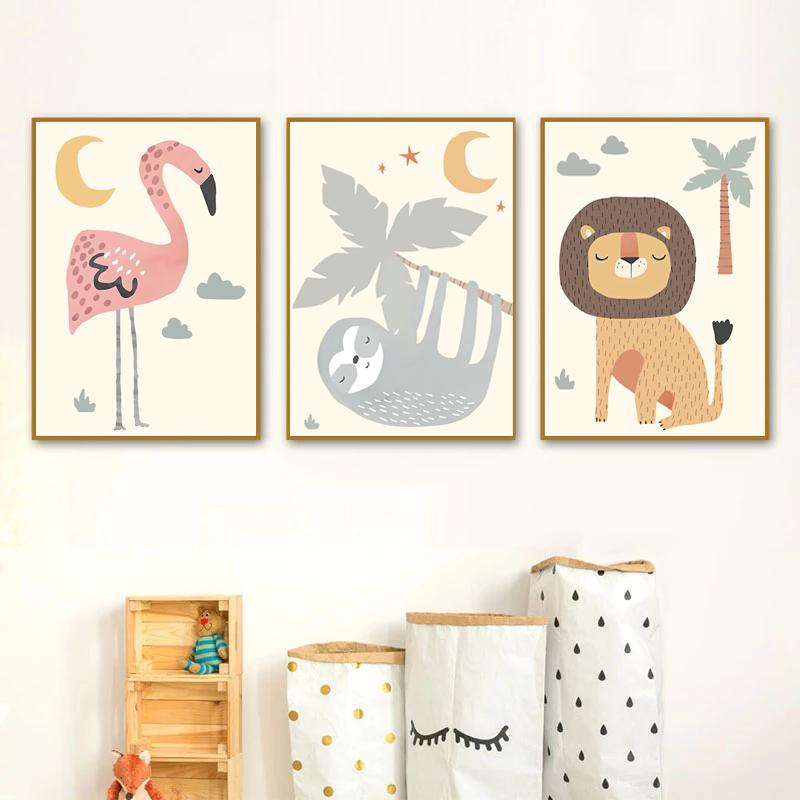 Nordic Creative Baby Cartoon Animal Canvas Painting Tiger Elephant Lion Monkey Giraffe Poster Children's Room Wall Art Decor
