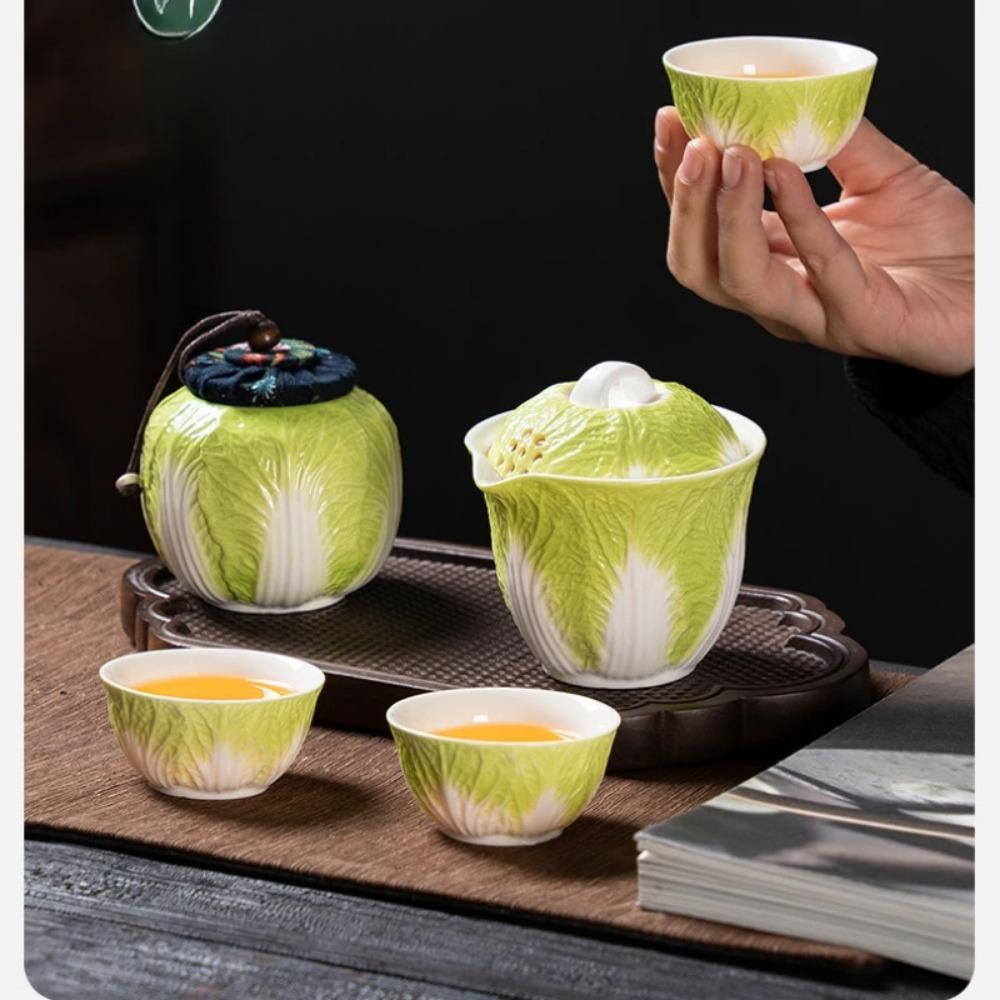 Creative Cabbage Travel Tea Set Ceramic Three Cup Outdoors Kuaike Cup Creative Portable Teaware Sets