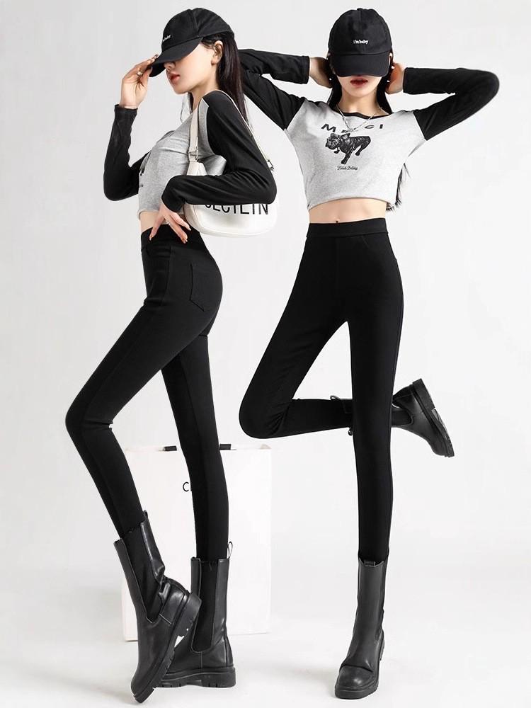 Black High-Waisted Fleece-Lined Skinny Leggings for Women - Warm, Elastic, Ideal for Autumn/Winter Wear, Tight-Fitting Pencil Pants