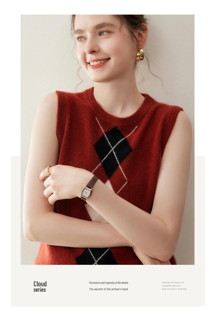 2025 A/W Women's Cashmere Diamond Pattern Sleeveless Knit Sweater Vest