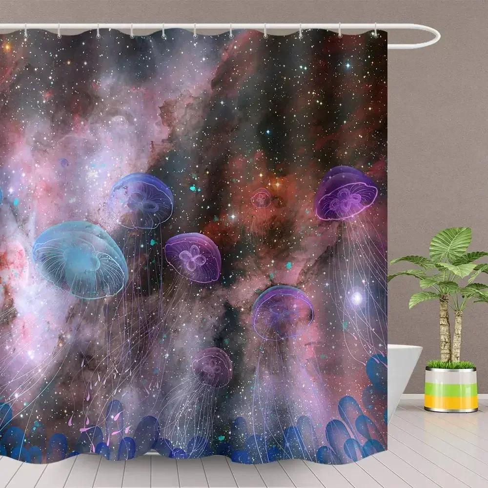 Manet Duschdraperi Blå Magisk Undervattens Havsliv Duschdraperier Roliga Akvatiska Badrumsdraperier Badskärm, Vattentät