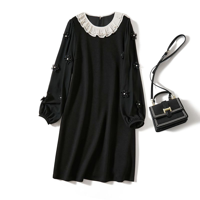 

National Style Elegance Goddess Black Dress! Promotion Advanced Beaded Three-Dimensional Petals Long Sleeve Doll Collar Cotton Dress Black XL
