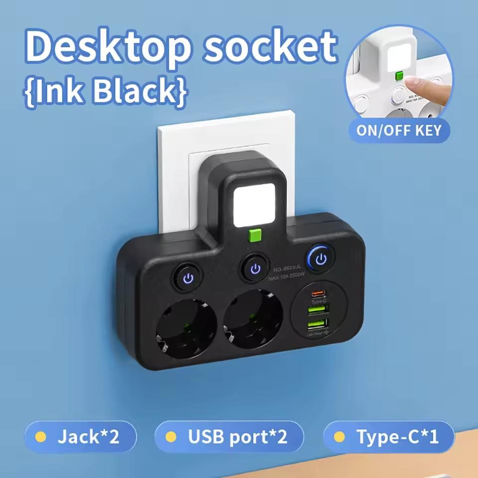 EU Power Strip - AC Sockets, USB & Type-C, 2 Versions Available, Individual Switches + Small Night Light