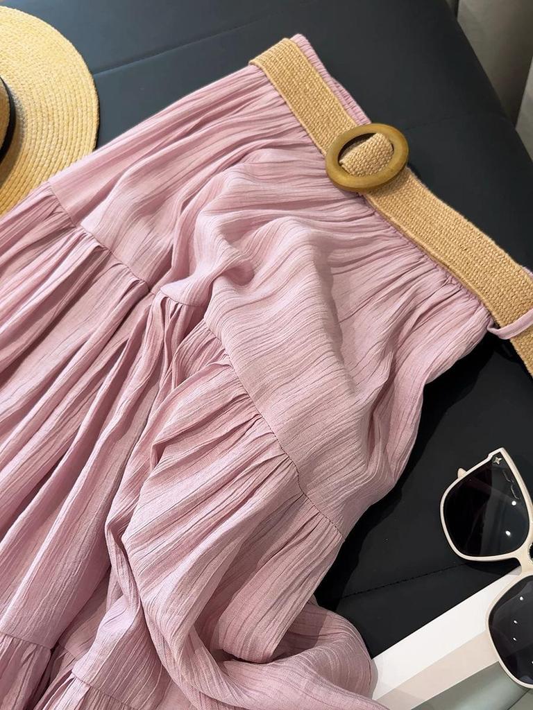 2026 Spring Women's High Waist A-line Pleated Skirt, Gentle Ice Silk Cotton Linen, Fat-Concealing Cake Design