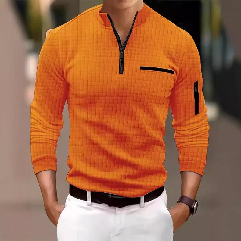 Men Waffle Quarter Zip Long Sleeve Shirt Stand Collar Casual Top With Contrast Pocket Details