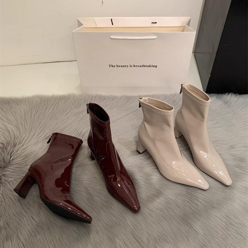 High-heeled short boots women's 2025 new autumn and winter design sense niche pointed thin boots patent leather thick-heeled boots leather shoes
