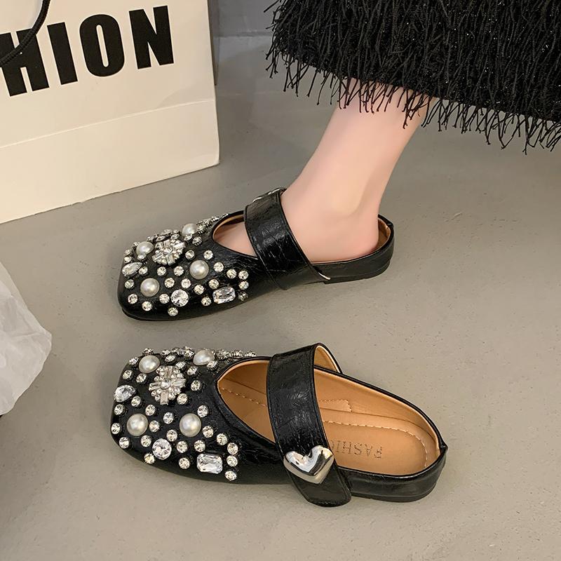 Fashion Women's Baotou Slippers Spring New Square Head Shallow Mouth Metal Word with Soft Sole Anti-slip Wear-resistant Flat Shoes