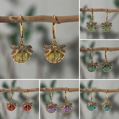 1 Pair Women Dragonfly Decor Leverback Earrings Faux Crystal Drop Earrings Bohemia Dangle Earrings Jewelry Gift