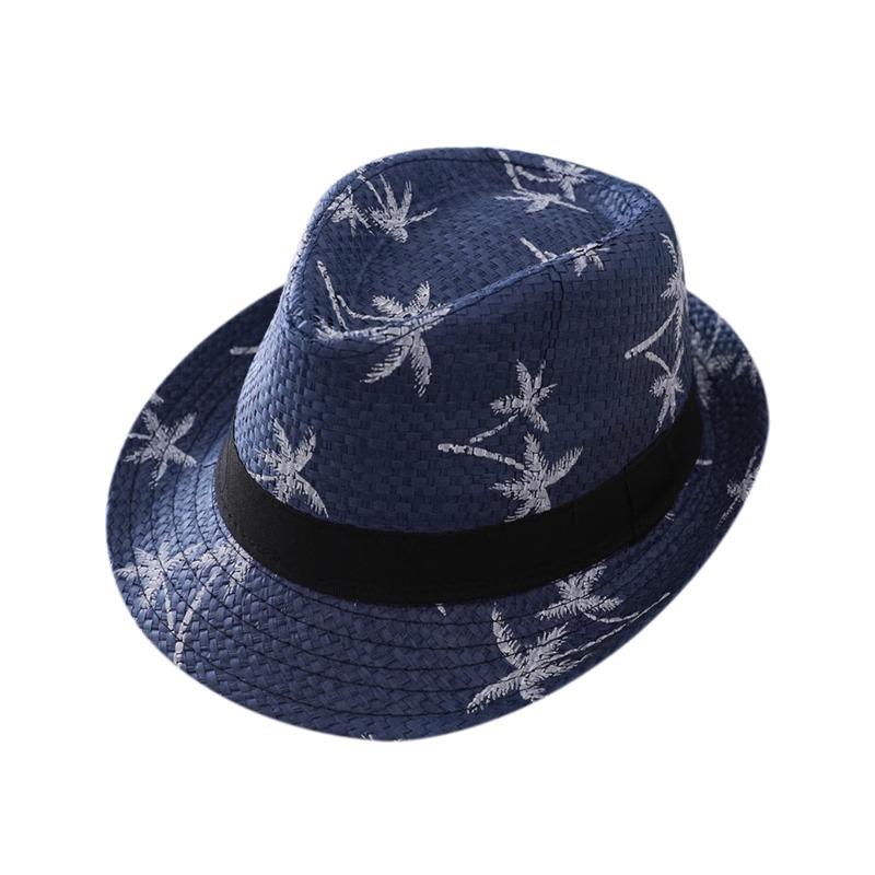 Top Hat Men's Brimmed Straw Hat Jazz Hat Summer Straw Shade Coconut Tree Printed Beach Sunscreen Hat