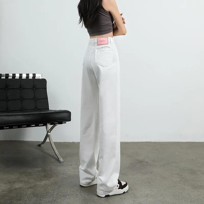 White simple high-waisted wide-leg jeans women's new small loose and thin narrow version straight drape floor pants