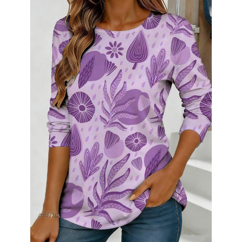 Women s purple printed long sleeved loose round neck top XS