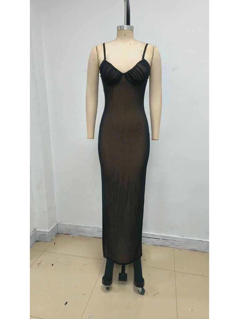 European and American Rhinestone Spaghetti Strap Mesh Evening Gown - Sexy Slim Fit Hip Hugger Skirt for Nightclub and Banquet Parties