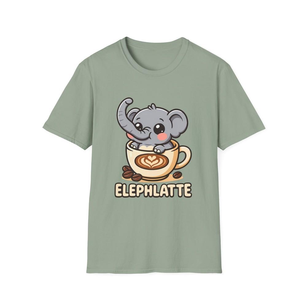 

Unisex Softstyle T-Shirt Chibi Elephant Latte Cartoon Funny Coffee Pun L