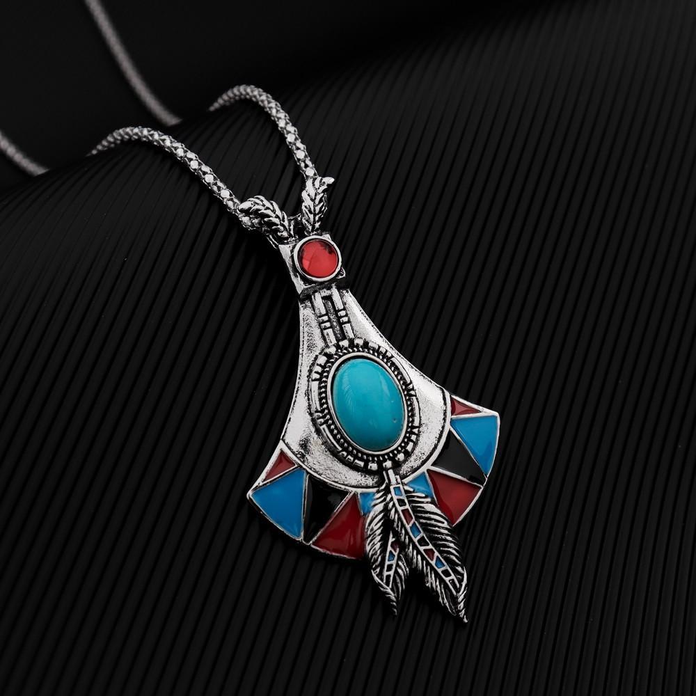 Bohemian Tribal Ethnic Style Necklace Imitation Turquoise Feather Pendant Niche Necklace