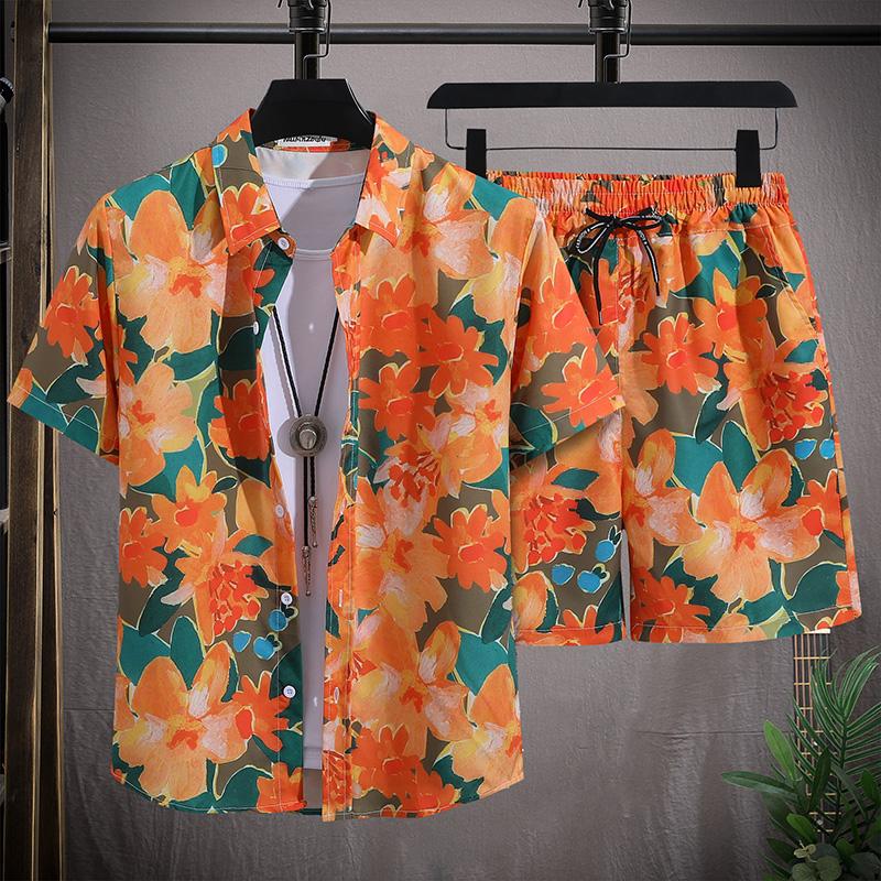 Hawaiian Men's Beach Set Single Chest Short Sleeve Shirt and Shorts Summer Leisure Travel Set