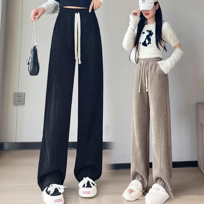 Autumn Winter Elastic Waist Loose Casual Wide Leg Pants Women Solid Color Drawstring All-match Straight Trousers
