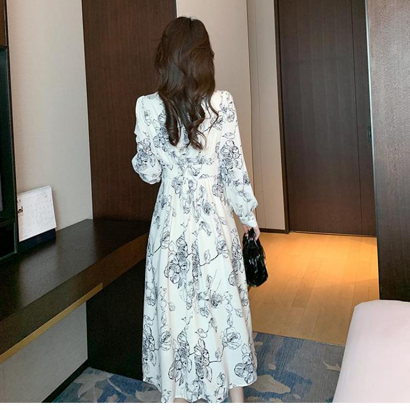 Wiosenna damska sukienka z nadrukiem w stylu Vintage, dekolt w serek, wąskie sukienki Vestidos Elegantes