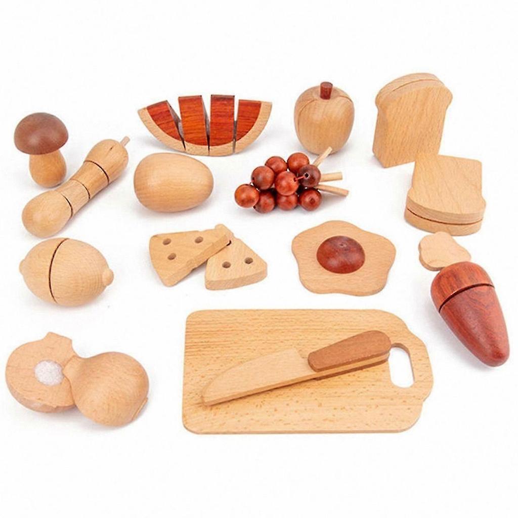 Wooden Play Food Set with Fruits and Vegetables, Natural Simulated Colors for Cooking Roleplay