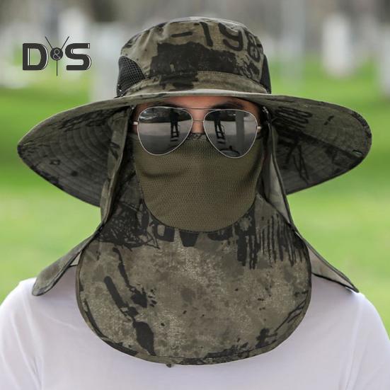 Men Fisherman Hat with Front Cover Large Brim Hollow Mesh Camouflage Print Anti-UV Sunlight Protection Quick Dry Great Breathability Outdoor Fishing