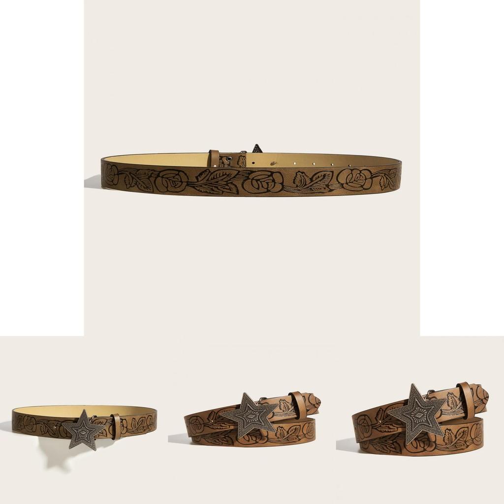 Womens Star Pattern Faux Leather Belt With Alloy Snap Buckle For Casual Wear