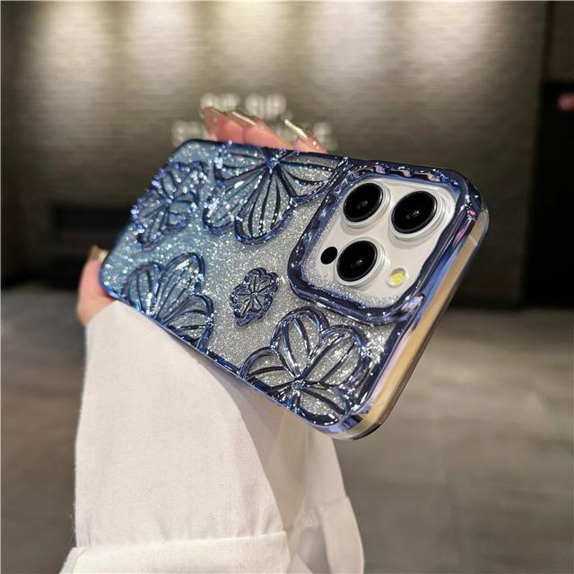 For iPhone 15 Pro Max Luxury Flash Glitter Flowers Plating Frame Phone Case For iPhone 11 12 13 14 15 16 Soft Protective Cover