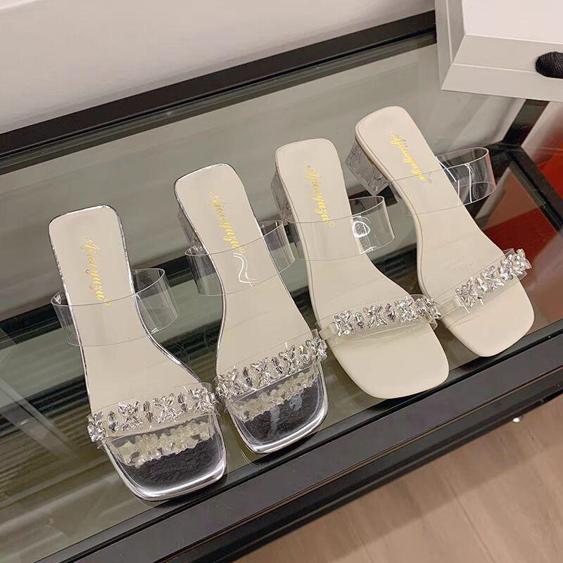 Fashion Shoes for Women Sexy with Heel Sandals Clear Woman Slippers Rhenstone Slides Elegant and Fashionable Easy Wears Summer Footwear