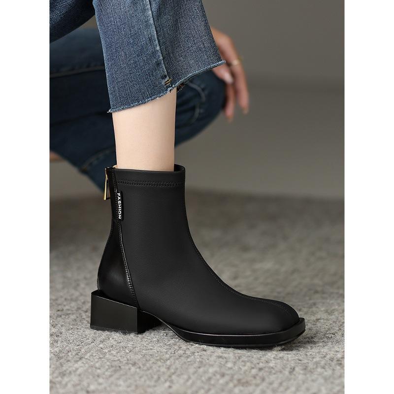 British Style Thick Heel Rear Zipper Martin Boots Color Matching Square Head Elastic Thin Short Boots 2025 Autumn and Winter Single Boots Women