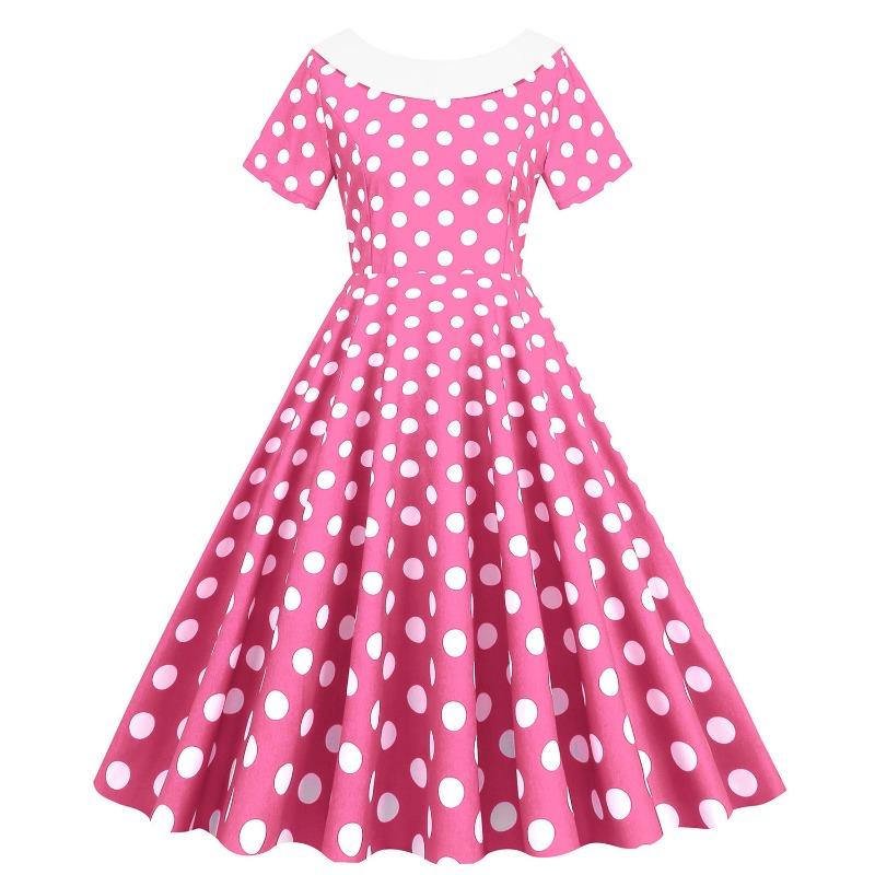 Z Summer Hot Sale Women's Clothing Crew Neck Short Sleeve Polka Dot Printing Retro Back Bow Pendulum Dress