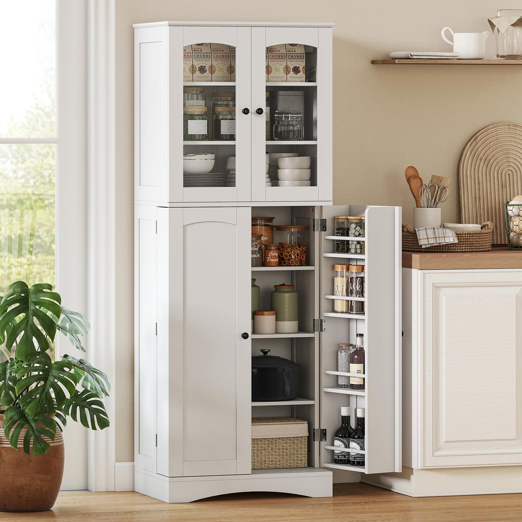 High Kitchen Sideboard, Acrylic Display Cabinet, 4 Doors, 10 Compartments, 60 x 40 x 162 cm, White