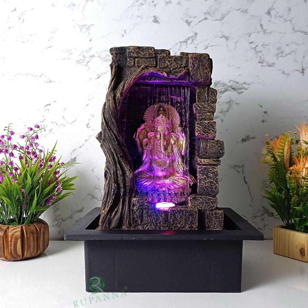 Stein Gufa Ganesha Tischbrunnen mit LED RGB Licht für Wohnkultur/Büro/Geschenk/Einweihungsgeschenk/Hochzeitsgeschenk (Brauner Stein)