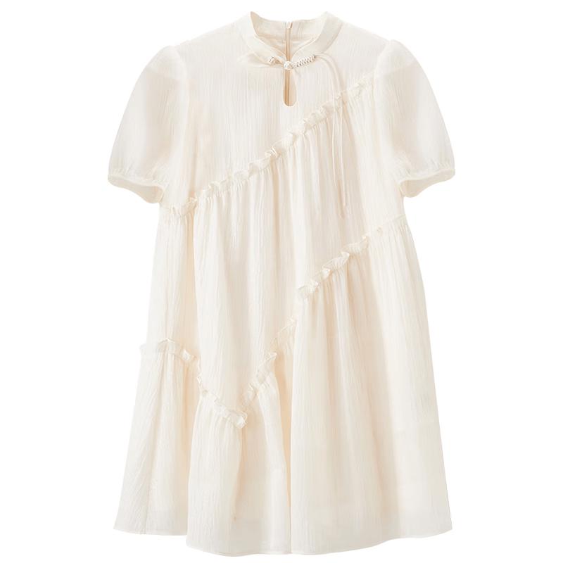 Chinese Style Ruffle Trim A-line Dress M