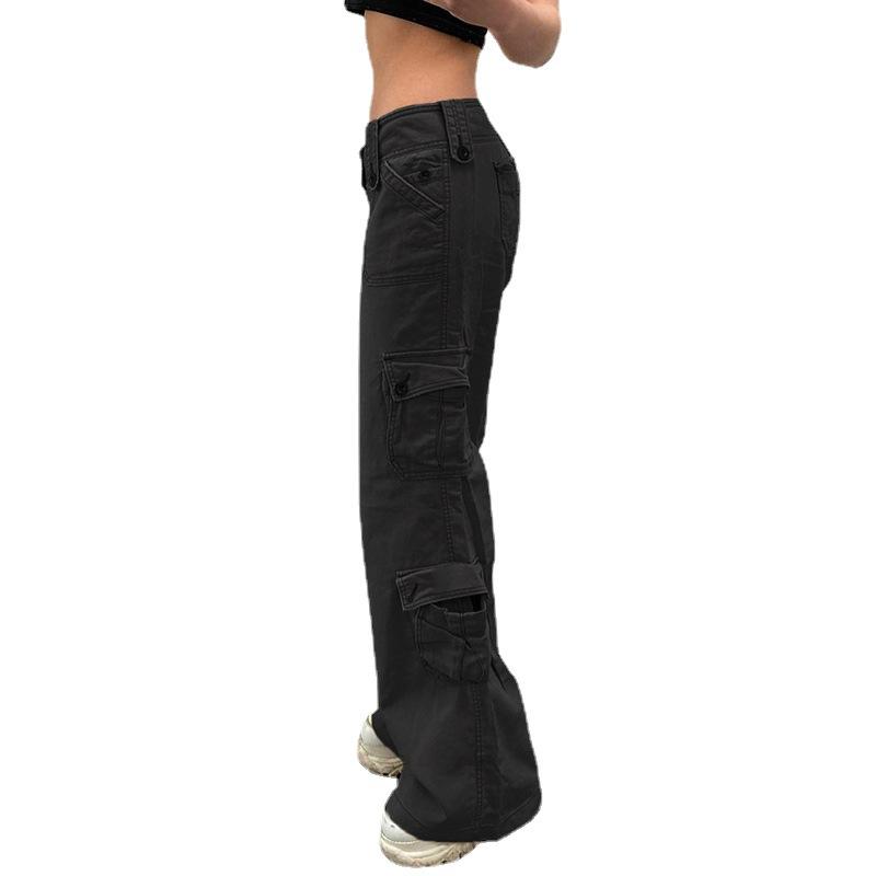 Fashion Retro Style Casual Large Pockets Jeans Street Wear Spicy Girl Pop Straight Leg Pants Elegant Loose Denim Pants Trousers 703
