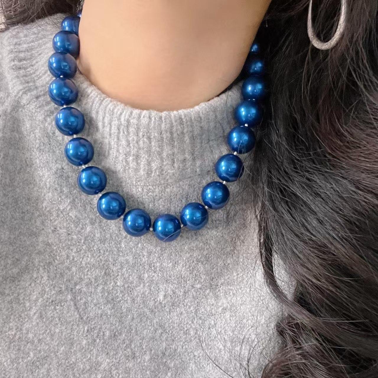 

16Mm Vintage Haute Couture Large Grain Ink Blue Bottom Peacock Blue Faux Crystal Pearl Necklace Collarbone Chain
