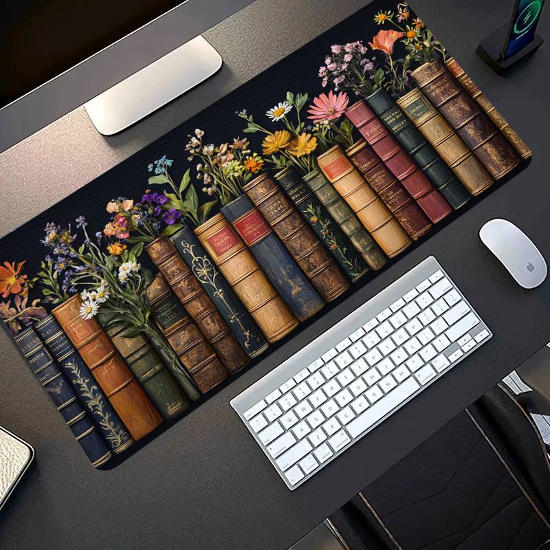 Large Gaming Mouse Pad Vintage Books Wildflowers Non-Slip Rubber Washable Desk Mat Extended Pad Gamer Setup Decoration Mousepad