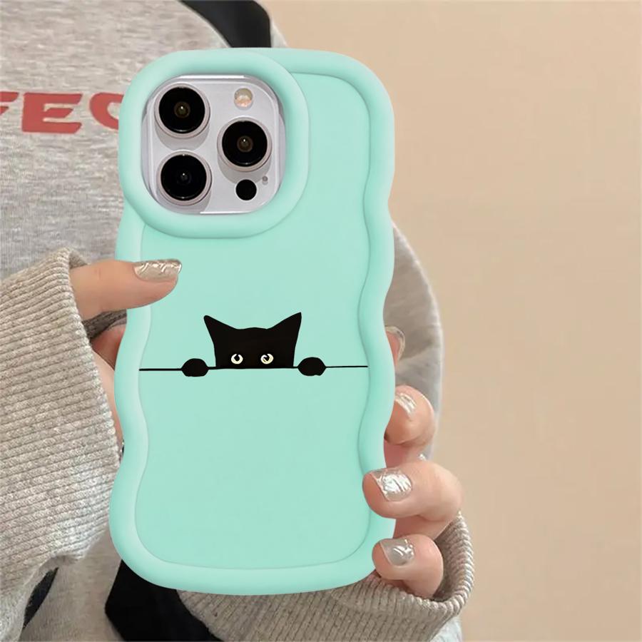 Soft Phone Cover Case for iPhone 8 11 14 XR 15 Plus 16 Pro Max 13 17 Air 12 Cute Line Cat