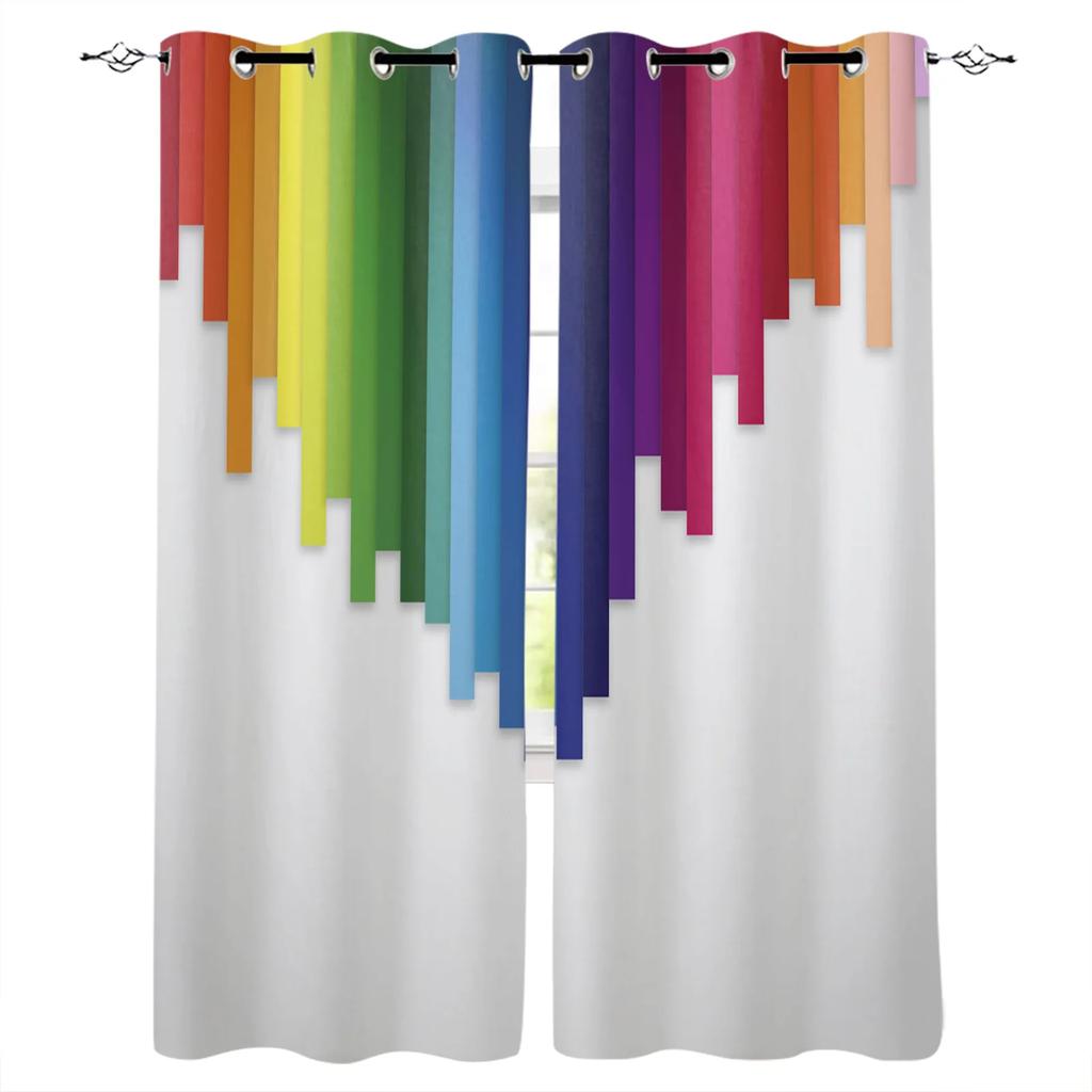2PCS Color Rainbow Red Yellow Blue Paint Window Screen Printed Design Office Indoor Window Curtains Kitchen Curtain Home Drapes
