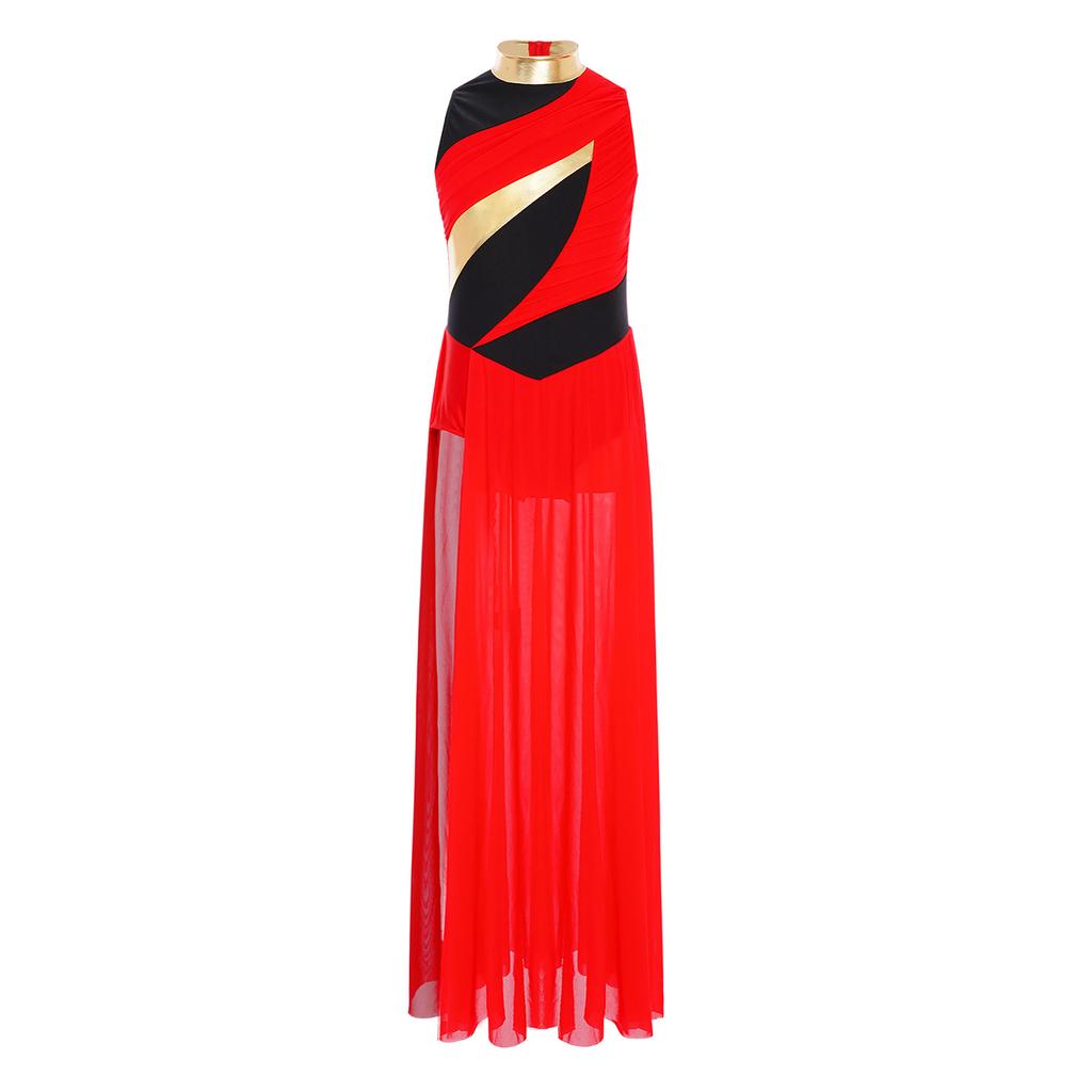 Girls Modern Dance Costume Mock Neck Sleeveless Back Invisible Zipper Ruched Mesh Overlay Bodice Side Split Dress