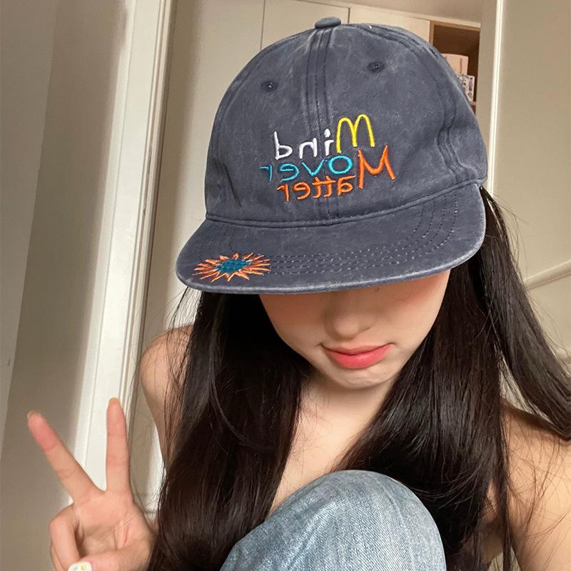 Hip Hop Vintage Flat-Brimmed Baseball Cap Letter Embroidery Men'S And Women'S Face Small Shade Street Dance Cap