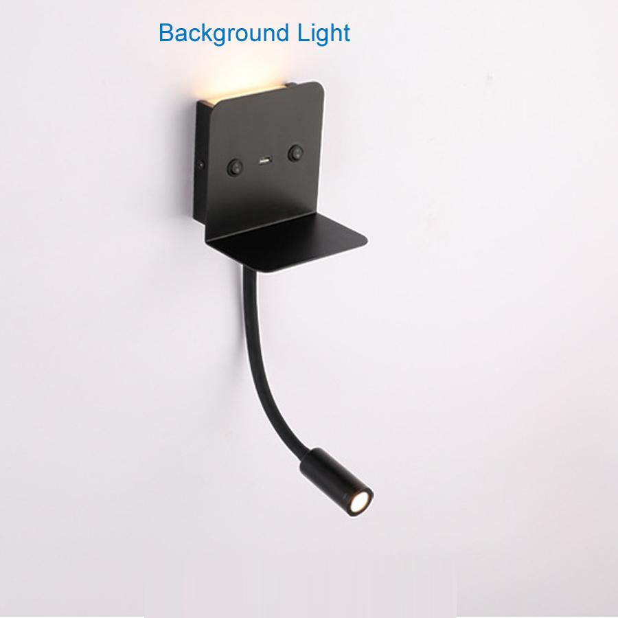 Modern Led Bedroom Light with Shelf USB Charger Bathroom Reading Light with Background Night Light Led Wall Lamp with Switch