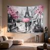 Paris Street Tapestry  Romantic Couple with Umbrella Cherry Blossom Scene Artistic Wall Hanging for Bedroom or Dorm Decor