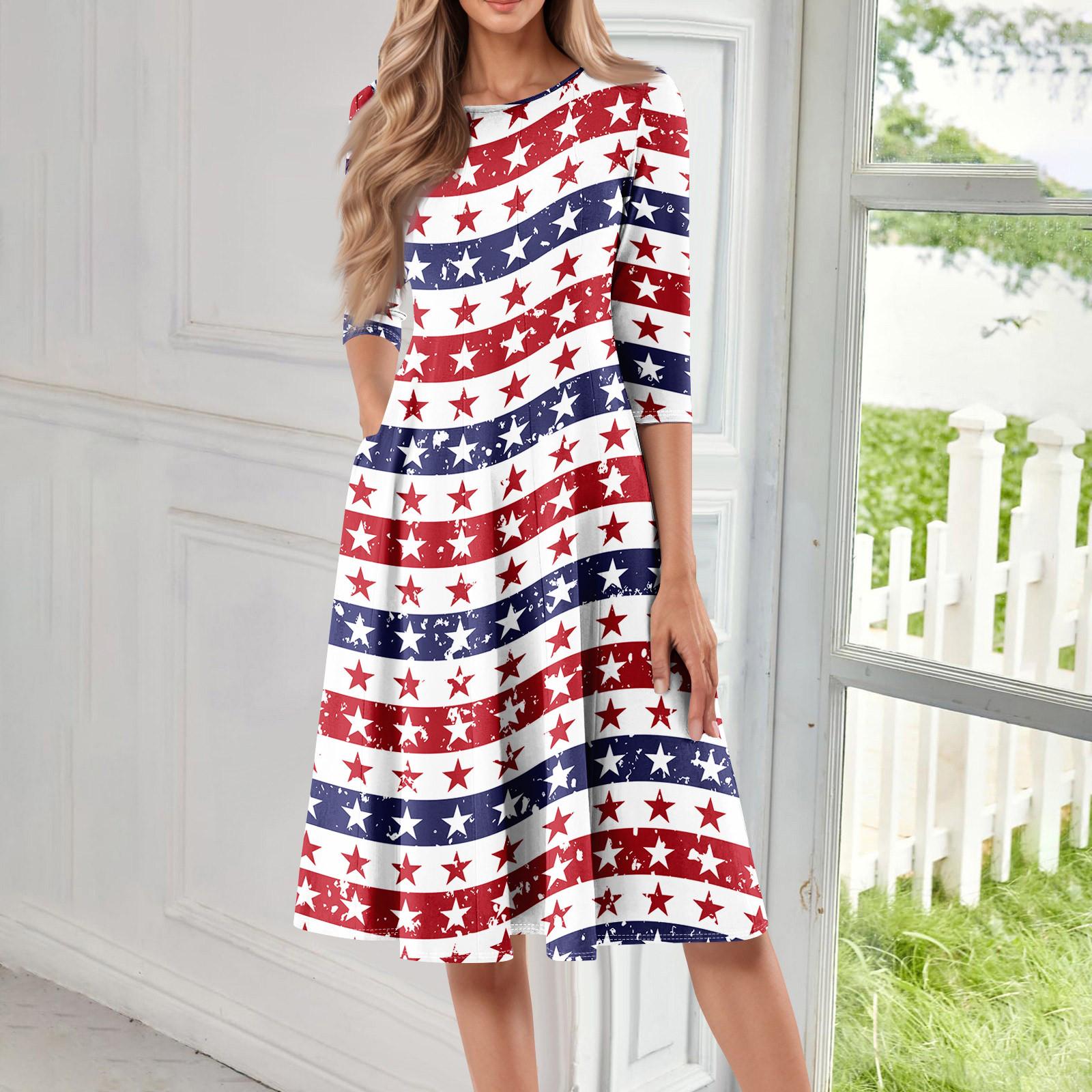 

Женское повседневное модное платье миди с круглым вырезом и рукавом три четверти с принтом «День независимости» L