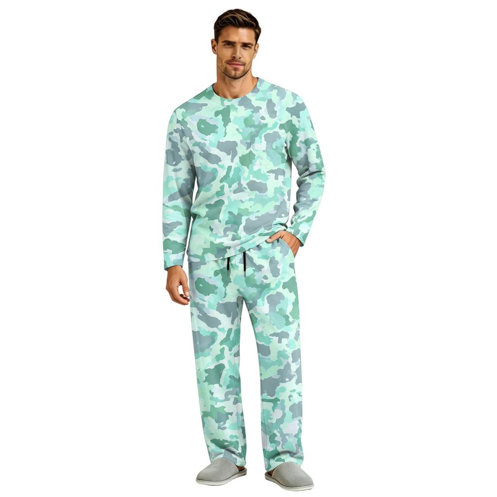 Men's Long Sleeve Pajama Set with Button Crotch and Elastic Drawstring Waist Pants for Home Loungewear